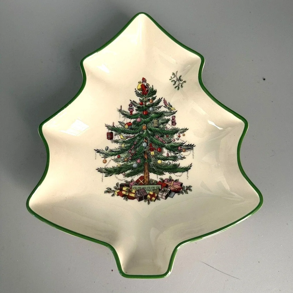 Spode Christmas Tree 9 Inch Tree Shaped Candy Dish S3324-A14 Green Trim Ceramic